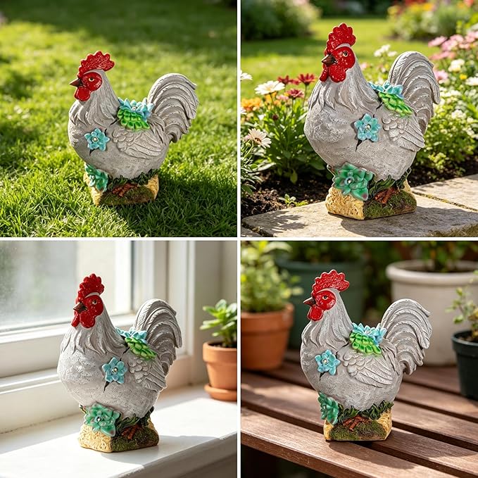 mocosa Solar Garden Statues Gray Rooster and LED Lights Birthday Gifts for Women Mom Grandma Solar Outdoor Cat Decor for Outside,Outdoor Solar Lights for Yard, Garden and Patio, Unique Gift for Women