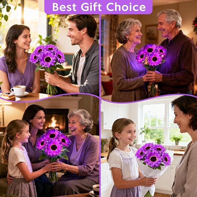 Solar Sunflower Lights Outdoor Garden Decor, 6 Pack Solar Purple Flowers Lights with 18 Sunflowers, Waterproof Fall Decor Stake Decorative Light Auto ON/Off for Garden Yard Patio, Gift for Women
