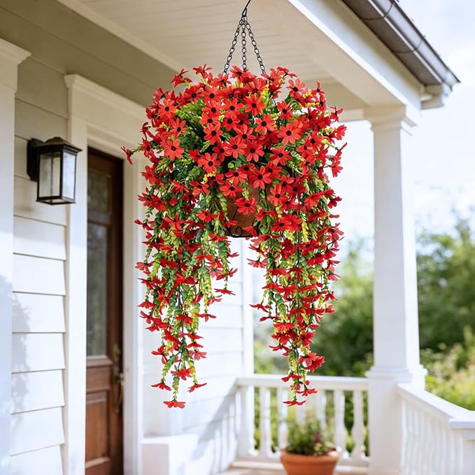 INXUGAO Fake Artificial Hanging Flowers for Outdoors Fake Plants Decoration, 2 Bundles Faux Silk Colorful Daisy Eucalyptus Realistic UV Resistant for Outside Home Planter Porch Patio Yard Decor(Red)
