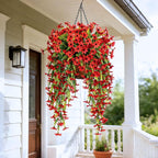 INXUGAO Fake Artificial Hanging Flowers for Outdoors Fake Plants Decoration, 2 Bundles Faux Silk Colorful Daisy Eucalyptus Realistic UV Resistant for Outside Home Planter Porch Patio Yard Decor(Red)