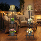 MXwcy 2-Tier Solar Plant Stand with Light, Outdoor Waterproof Floor Lamp with Tree Branch Cutout Lampshade, Tall Metal Planter Holder Display Rack for Patio, Porch, Garden, Balcony Decor (2 Pack)