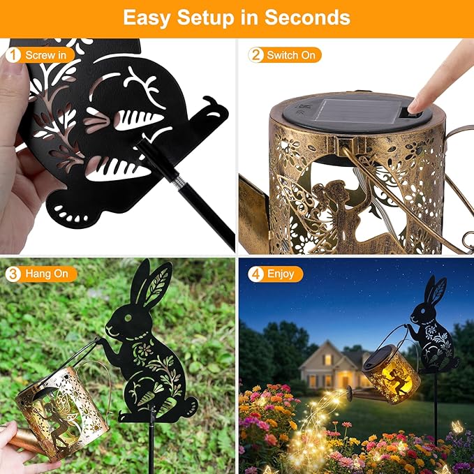 Solar Watering_Can Light with Bunny Silhouette Stake & Fairy Design - Cascading LED String Light for Garden Yard Patio Decor, IP65 Waterproof Outdoor Gift for Mom, Women, Birthday, Housewarming