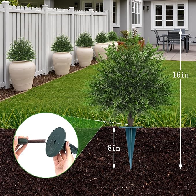 23" Artificial Cedar Topiary Ball Trees with Spike, Set of 2 UV Resistant Fake Evergreen Bushes Shrubs Trees, Realistic Faux Cypress Plants for Outdoor Indoor