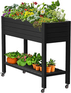 DWVO Raised Garden Bed Kit, 3.6 x 1.5 x 2.8 FT Outdoor Plastic Planter Box with Wheels and Legs, Garden Box with Drain Plug & Storage Shelf for Planting Vegetables, Flowers, and Herbs, Black