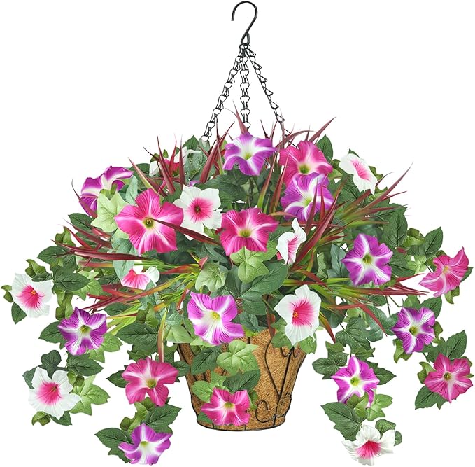 Artificial Flowers Hanging Baskets for Outdoors, 5PCS UV Resistant Faux Outdoor Plants, Fake Petunias Silk Flowers for Garden Balcony Yard Porch Decor (White Red Lotus)