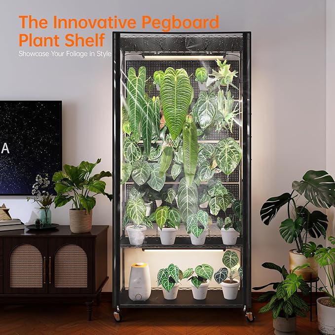 Bstrip Indoor Greenhouse Cabinet with Pegboard, Indoor Greenhouse with Grow Light, 4 Pack 96W Full Spectrum Plant Lights, Ideal for Indoor Plant, Foliage Plants, 35.4"x13.8"x71"