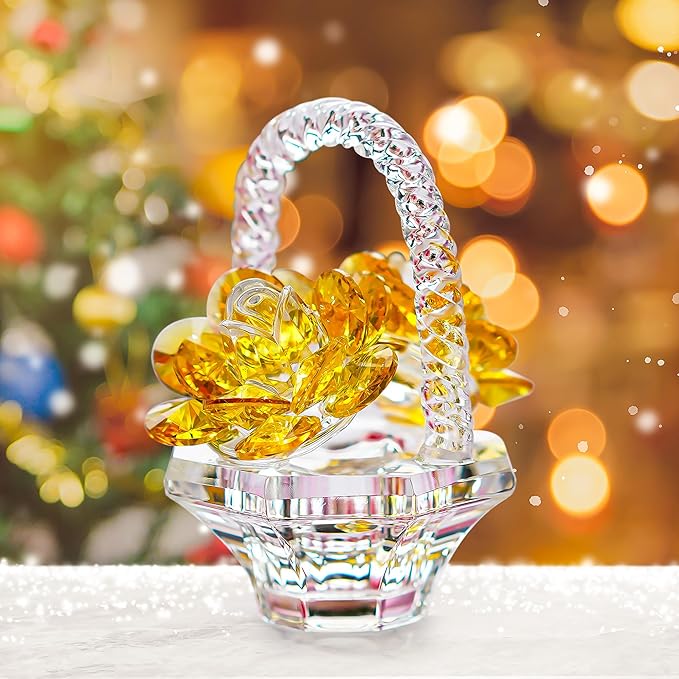 H&D HYALINE & DORA Crystal Flower Basket Figurine Collectable Ornaments Home Decor Tabletop Centerpiece Gift for Lady，Yellow Color