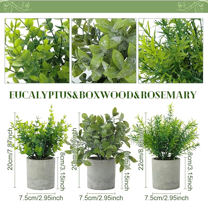 Chunful 6 Pack Small Artificial Greenery Potted Plants Indoor Mini Fake Eucalyptus Rosemary Succulents in Pulp Rustic Farmhouse Table Centerpiece for Shelf Bathroom Bedroom Kitchen Office