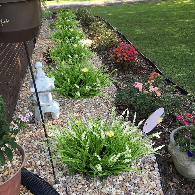 16 Bundles Artificial Outdoor Plants and 2 Pcs Butterfly Stakes Fake Monkey Grass with Flowers UV Resistant Faux Plant Greenery for Outside Planter Porch Patio Garden Window (White)