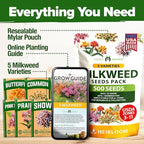 HOME GROWN Milkweed Flower Seeds - 500+ Heirloom Perennial Wildflower Seeds (5 Individual Varieties) Supports Monarch Habitat, Grows in Zones 3-11 (Asclepias syriaca)