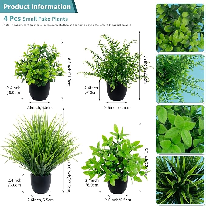 LOYWREE 4 Pack Artificial Plants Mini Fake Potted Plants Small Faux Greenery for Indoor Home Office Desk Table Shelf Farmhouse Bathroom Kitchen Coffee Table Laundry Room Decor