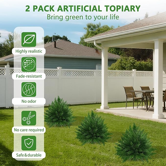 Artificial Cypress Topiary Ball Trees 23" with Ground Spike, 2 Pack Fake Shurbs Artificial Bushes for Outdoors, UV Resistant Faux Evergreen Plants for Indoor Front Porch Garden