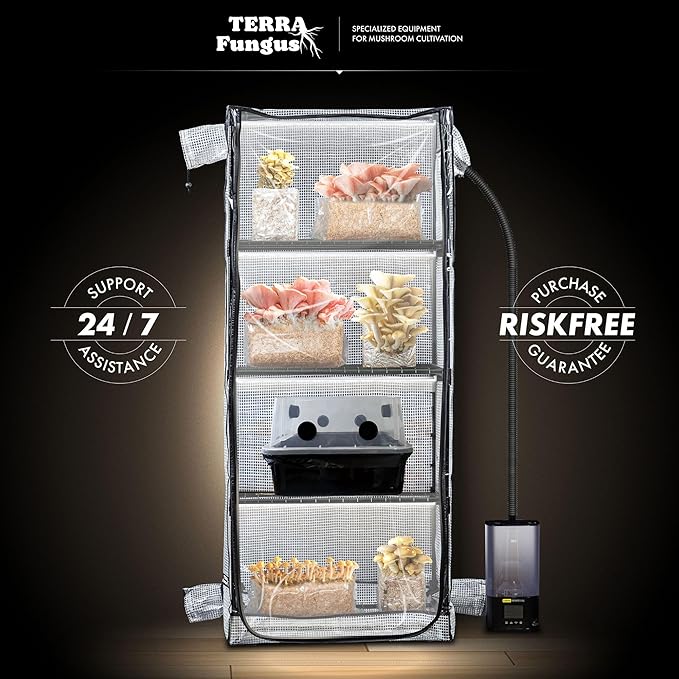 Mushroom Grow Tent with 6500K LED Light & Timer, 4-Tier Shelves Fit Up to 8 Monotubs, Mini Indoor Greenhouse with Grow Light, Waterproof Tray, 4 Vents, Martha Tent