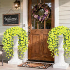 Artificial Hanging Flowers for Outdoors, 2 PCS 300 Blooms UV Resistant Morning Glory Faux Silk Vines, No-Odor Realistic Fake Plants for Garden Planter Porch Patio Decoration, Yellow