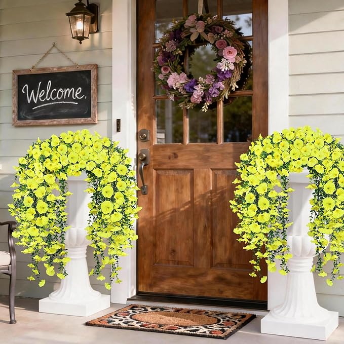 Artificial Hanging Flowers for Outdoors, 4 PCS 600 Blooms UV Resistant Morning Glory Faux Silk Vines, No-Odor Realistic Fake Plants for Garden Planter Porch Patio Decoration, Yellow