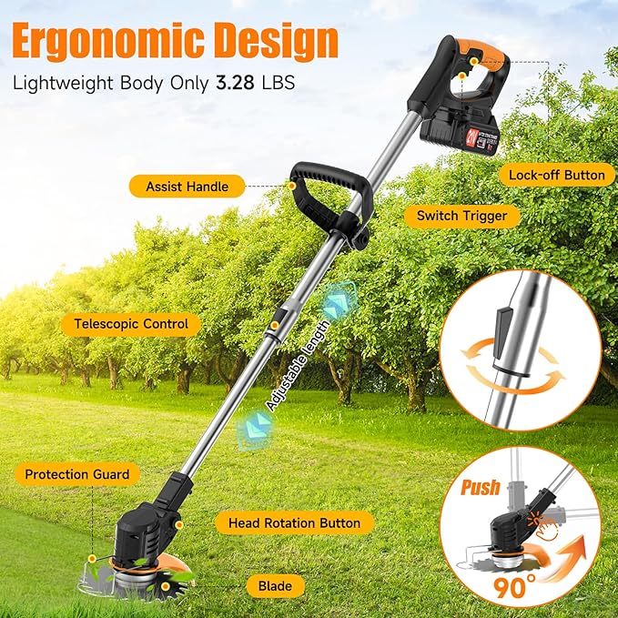 Electric Weed Wacker Cordless stringless,Grass Trimmer,with 2 Batteries, 1 Charger, 3Types Blades, Weed Wacker Eater Battery Powered Lightweight Battery Weed Trimmer for Yard and Garden