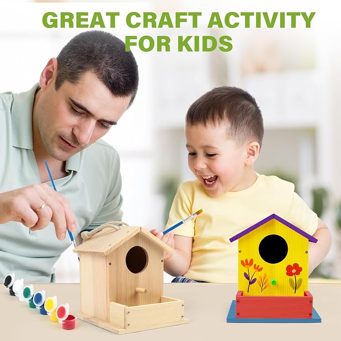 LotFancy Bird House Kit, 2 Pack, DIY Wooden Birdhouse Kits, Arts and Crafts Painting Kit for Kids, Build and Paint, Including Paints & Brushes
