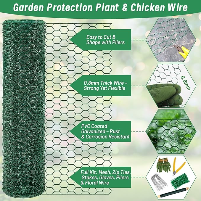 Convivium Plant Protectors from Animals, 0.8mm Free-Cut Green Chicken Wire Mesh, PVC Coated Tree Trunk Guard & Garden Fence for Outdoor Plants with Zip Ties, Stakes, Pliers, Gloves（16.7 Ft*24In）