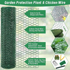 Plant Protectors from Animals, 16.4 x 16In Green PVC Coated Galvanized Chicken Wire Mesh Roll, 0.8mm Free-Cut Plant Cage with Ties, Stakes, Gloves, Pliers & Floral Wire (16.4Ft*20In)