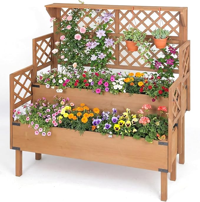 Raised Garden Bed with Trellis, 47''H Outdoor Flower Plant Stand with Two Planting Areas, Top Shelf, Liner, Elevated Garden Beds for Climbing Plants, Herb, Gift for Gardening, Brown
