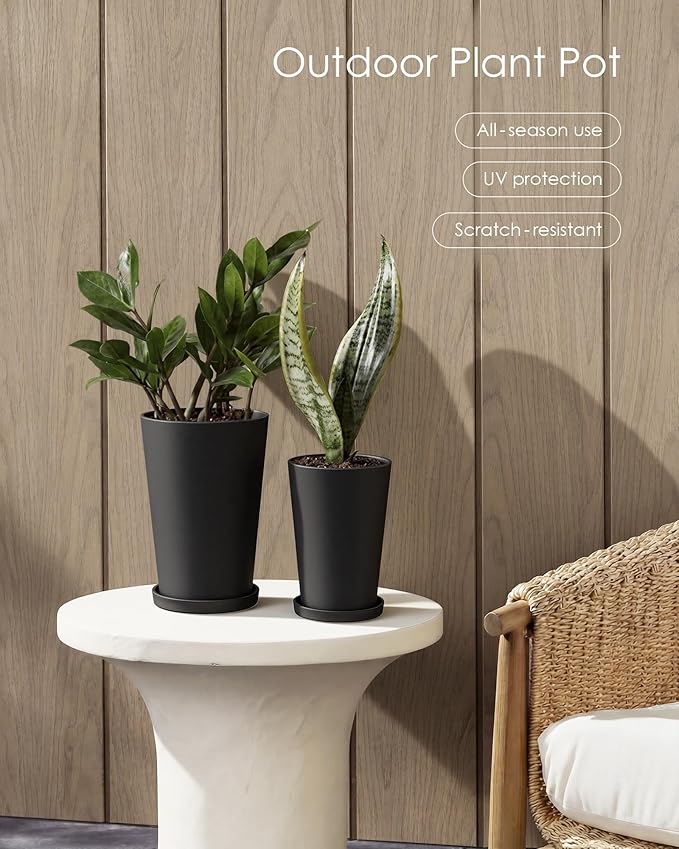 Bamworld Plant Pots Planters for Indoor Plants Flower Pots with Drainage Holes 5.5/6.5 Inch Set of 2 Plastic Planters for Outdoor Plants Garden Pots for Office Room Home Decor Black