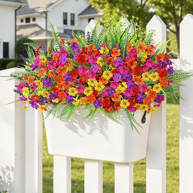 Alupssuc 48 Bundles Artificial Flowers for Outdoors Planters Spring Decoration, UV Resistant Faux Eucalyptus Violet and Lavender Silk Fake Plants for Outside Indoor Decor, Mix 5 Colors