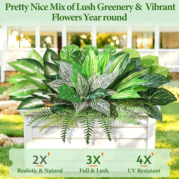Livole 8 Pcs Artificial Plants Outdoor Faux Plants Fake Greenery Stems with Boston Fern Lavender Morning Glory UV Resistant Artificial Flowers for Outdoors Porch Patio Garden Spring Summer Home Decor