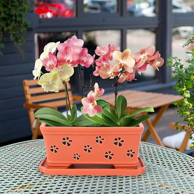 12 * 6.3 * 5.3 Inch Rectangle Ceramic Orchid Pot with Holes & Saucer - Red Effective Drainage & Ventilation for Indoor Orchids