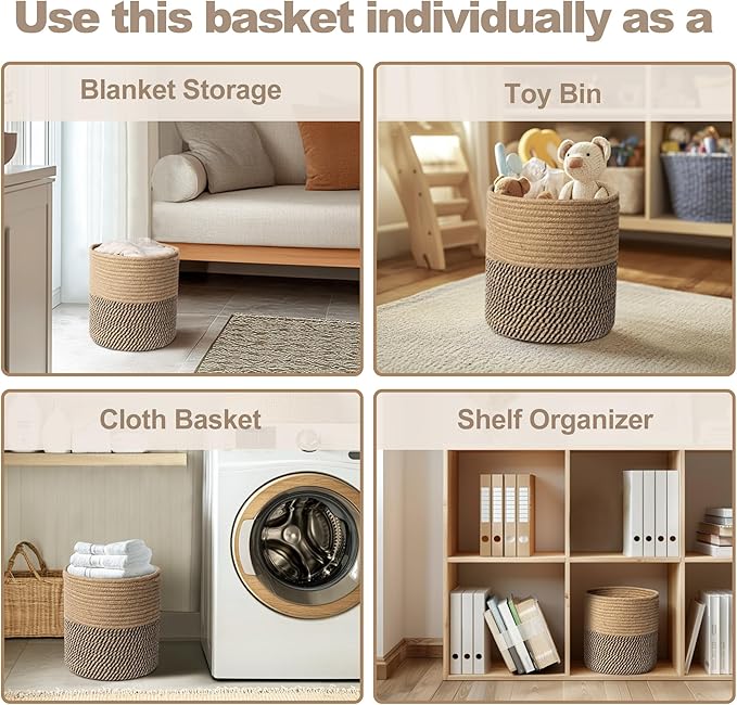 Plant Basket with Stand, Indoor Round Wicker Basket Plant with Bamboo Wood Stand, Decorative Woven Rope Flower Indoor Planter with Legs, Boho Bamboo Wood Planter Holder (Jute Black Stripes)