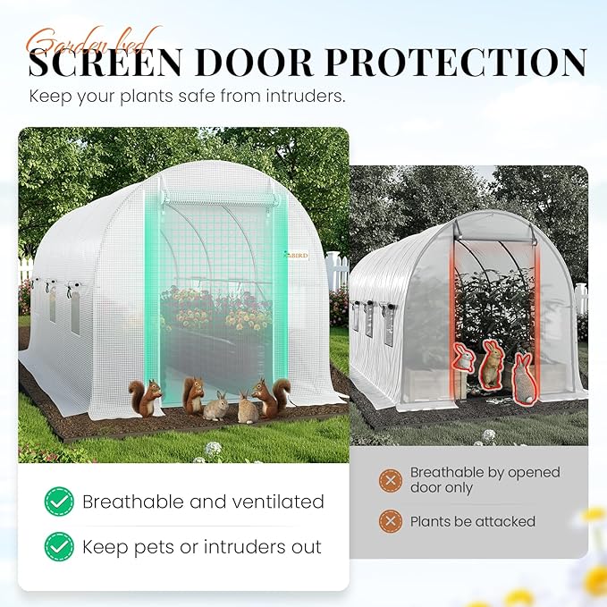 KING BIRD Premium 10x6.6x6.6FT Greenhouse for Outdoors, Large Walk-in Heavy Duty Galvanized Steel Frame, Mesh Door Screen Window Upgraded Zipper Tunnel Hoop for Garden Plant Winter, White