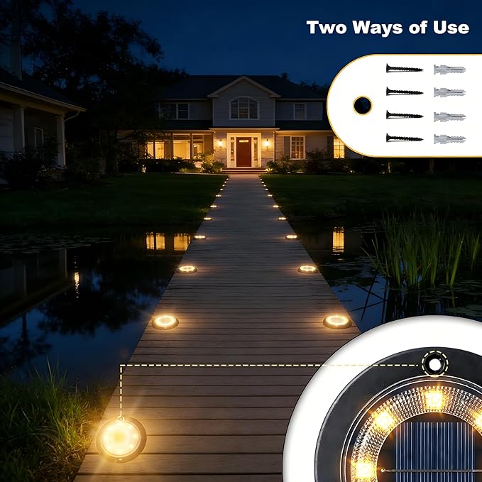 Flacchi Solar Lights Outdoor Waterproof - 2-in-1 Solar Powered Ground Lights Outdoor Solar Disk Light Landscape Light for Deck Step Patio Yard Pathway Walkway Driveway Garden (Warm White, 2 Pack)