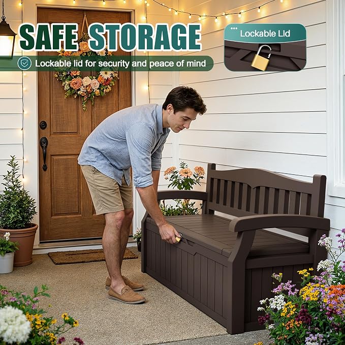 Devoko 80 Gallon Storage Bench Deck Box Lockable for Patio Furniture, Garden Decor and Outdoor Seating for Cushions, Garden Tools and Pool Supplies(Dark Brown)