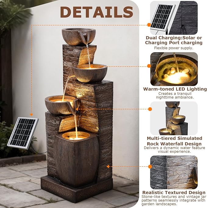 38.2" Tall Solar Powered Water Fountain for Outdoor,4 Tiers Modern Cascading Bowls and Stacked Stones Solar Fountains with LED Lights for Garden, Patio, Deck, Backyard and Home Art Decor