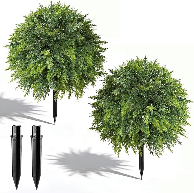 2 Set Artificial Norfolk Topiary Trees with Spike, UV Resistant Faux Shrubs Bushes Fake Greenery Plants for Front Door Indoor Outdoor Home Decor