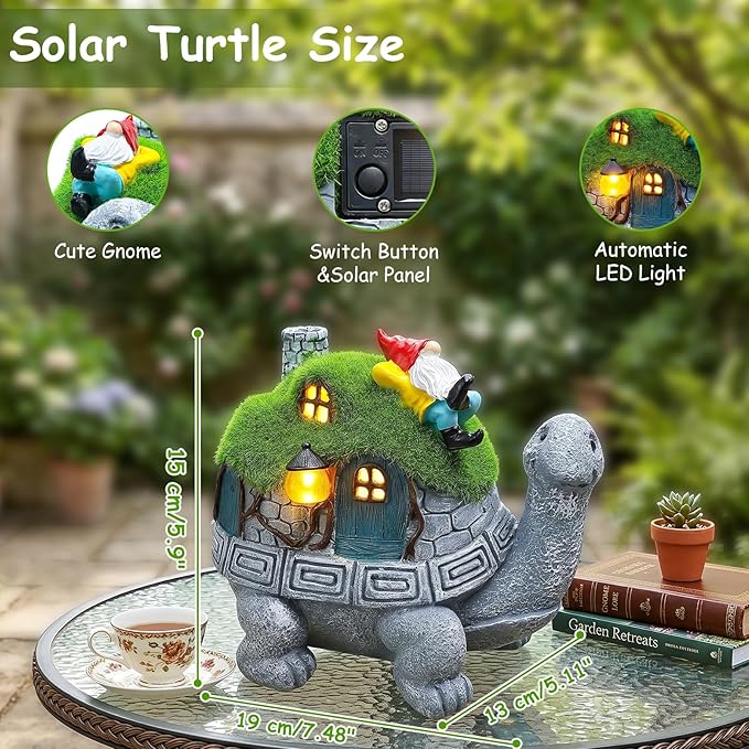 SunGlee Solar Turtle Garden Statue Lights with Rooftop Lawn Gnome Solar Garden Decor for Outside Yard Balcony Patio Lawn Ornament Home Decor Gifts for Mom Grandma
