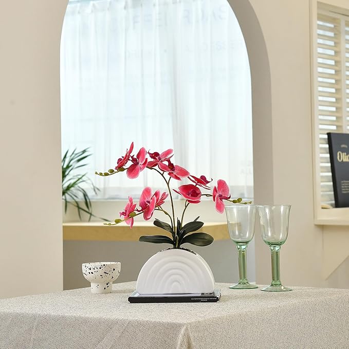 Fake Orchid Plant in White Rainbow Pot, Artificial Silk Phalaenopsis Orchid Flowers for Home Décor, Table Centerpiece, Office Desk (Rose Red)