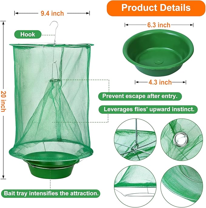 10 Pack Fly Traps Outdoor Hanging, Ranch Fly Traps with Food Bait Tray, Fly Catcher Cage for Indoor or Outdoor Family Farms, Park