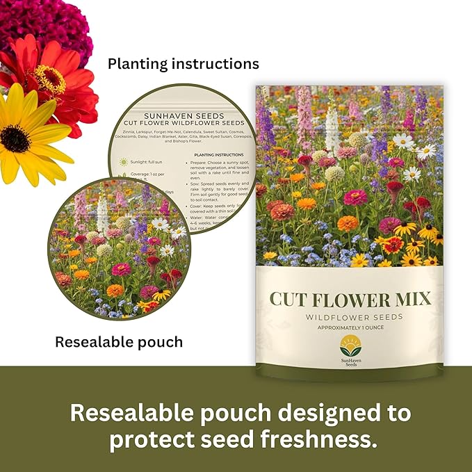 Cut Flower Garden Seed Mix – 15,000+ Seeds – 1 oz Extra Large Packet – Non-GMO Flower Seeds – Zinnia, Cosmos, Larkspur, Calendula, Bishop’s Flower & More for Bouquets & Cutting Gardens