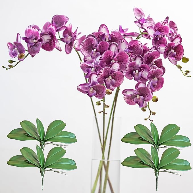 DUYONE 35 Inch Artificial Butterfly Orchid Flowers 4 Pcs with 4 Bundles Leaves Artificial Orchid Flowers Stem Plants for Home Décor (Deep Purple)