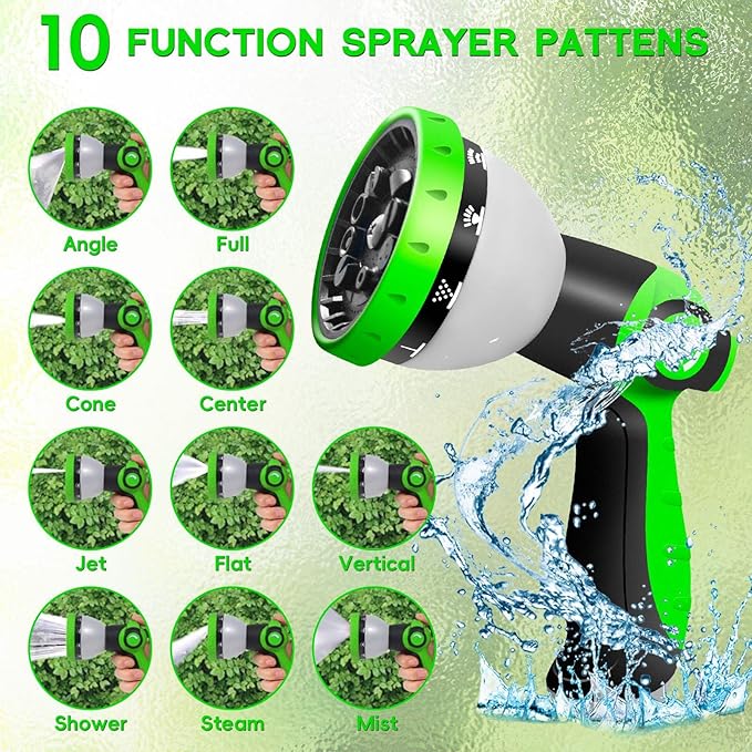 Garden Hose 25 FT, NON-EXPANDABLE Heavy-Duty Flexible & Lightweight Water Hose with 10-Function Nozzle, No-Kink, Leak-Proof Super Fabric, Solid Fittings for Lawn, Car, Outdoor (Black Green)