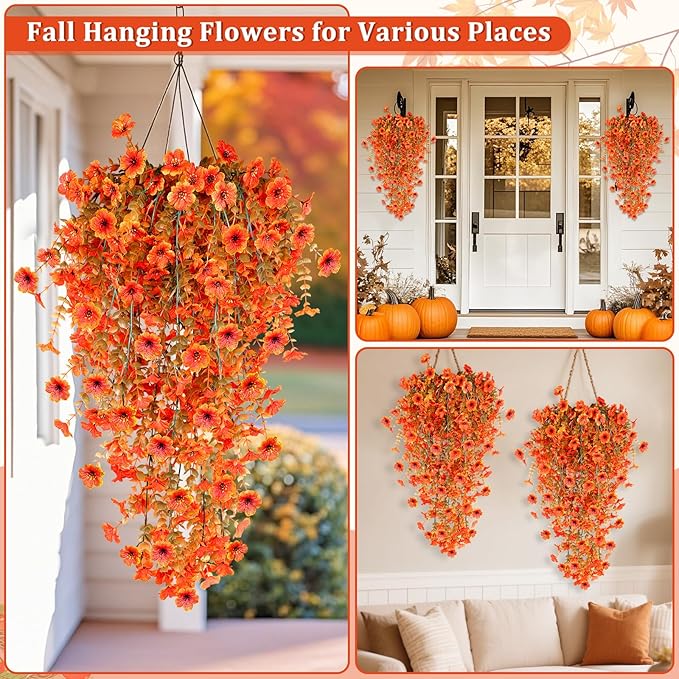 TURNMEON 4 Pcs Artificial Hanging Fall Flowers Fall Decorations, Fake Mums for Outdoors UV Resistant Hanging Plants Faux Silk Daisy Flowers for Autumn Decor Home Indoor Outside Gardens Porch (Orange)