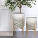 Oakrain Planters for Indoor Plants, Set of 2 Modern Planter with Stand, Decorative Metal Planter Pots for Living Room, Office, Garden, Balcony, 10"&12", White-Grey Gradient