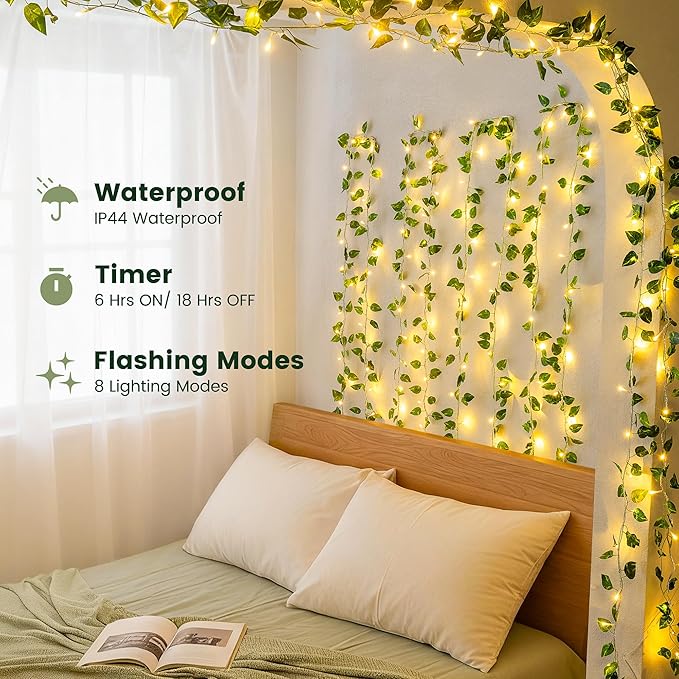 HEYFUNi Vines with Lights, 23 Ft 73 Led Faux Pothos String Lights Plug in, Leaf Lights for Bedroom, Wall, Balcony, Wedding Decor, Warm White