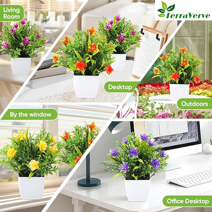 TerraVervre Fake Plants 4 Packs,Small Artificial Plants with Flowers, for Bathroom, Office,Home,Conference Table Decor, Indoor Desk Decor