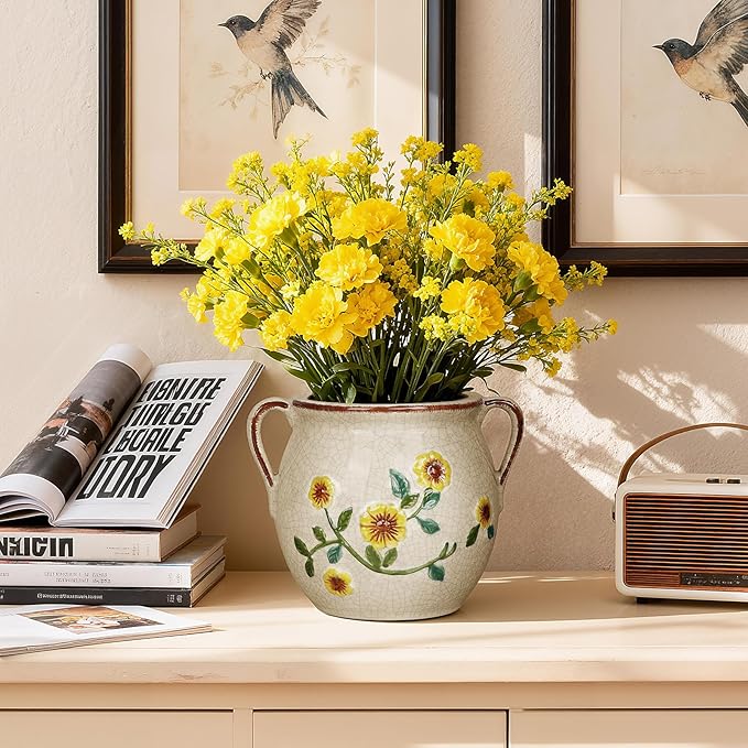 BUYMAX 6 Inch Vintage Ceramic Flower Pot with Relief Design & Handles, Indoor Plant Planter with Drainage Hole, Home Garden Decor for Living Room, Gift Ideas