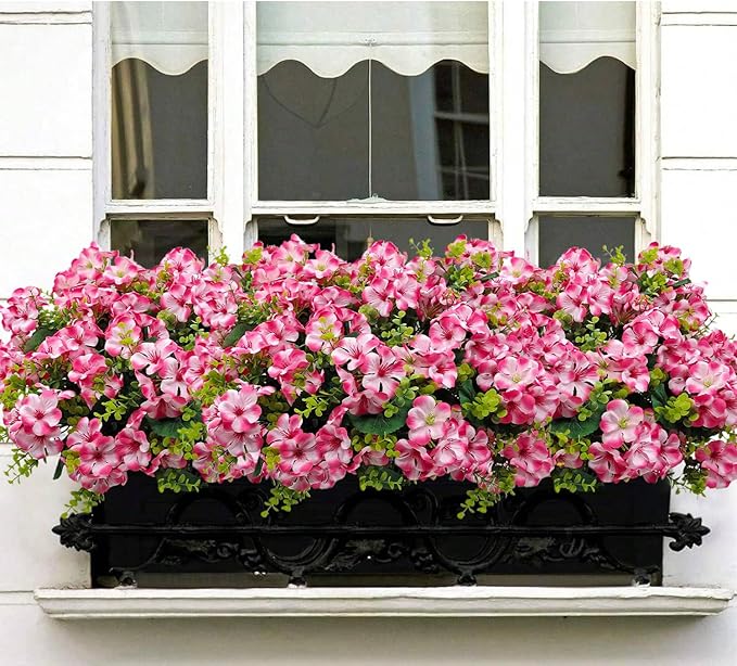 Artificial Geranium Flowers for Outdoor Decoration, 6 Bundles UV Resistant Silk Geranium Fake Plants Faux Flowers for Front Porch Garden Patio Window Box Outside Indoor Decor (Pink)