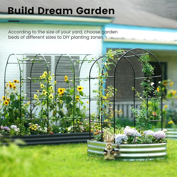 KING BIRD Raised Garden Bed with Arched Trellis Galvanized Planter Garden Box Outdoor for Gardening, Climbing Vegetables, Flowers 7.87x3.94x0.98 Ft, Dark Grey