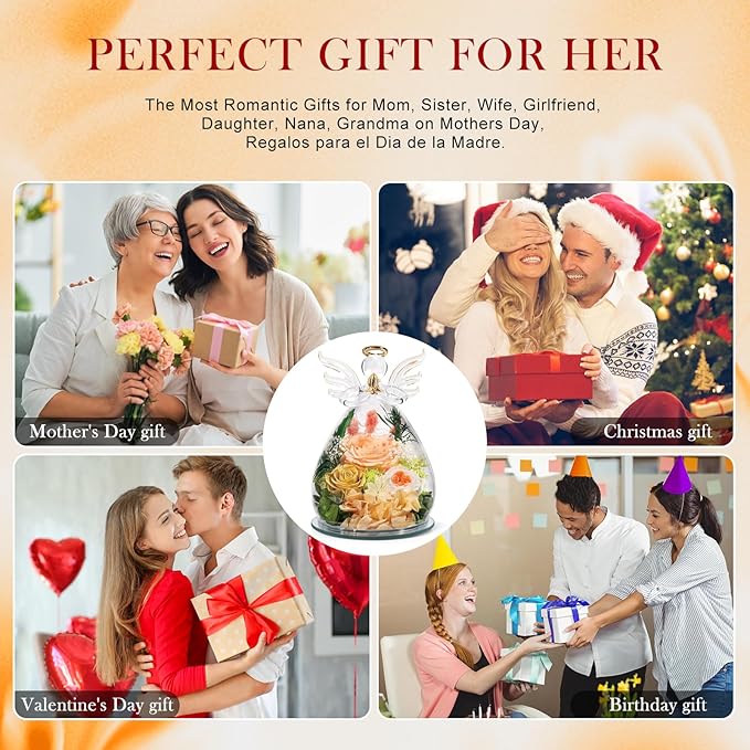 Gifts for Mom Birthday Gifts for Women Preserved Rose Forever Flower in Glass Angel Figurines Fresh Flowers for Delivery Anniversary Real Colorful Roses for Grandma Her Wife Mothers from Daughter