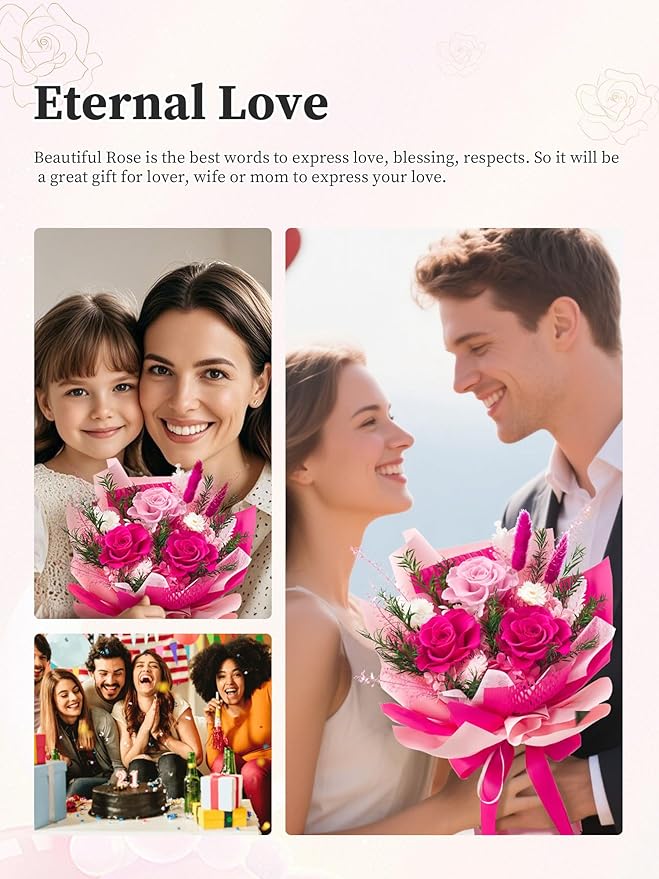 Preserved Flowers Bouquet, Forever Flowers for Delivery, Mothers Day Long-Lasting Real Roses Bouquet, Anniversary Birthday Flowers Gifts for Mom Grandma Women Wife Her (Hot Pink)