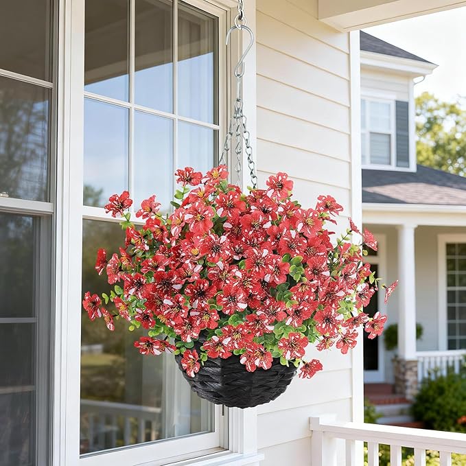 GLIDLION Artificial Flower & Eucalyptus with Hanging Basket - 2PCS Faux UV Sun Resistant Morning Glory in Planter, Fake Colorful Silk Flowers for Spring Summer Porch Patio Balcony Yard Decor (Red)